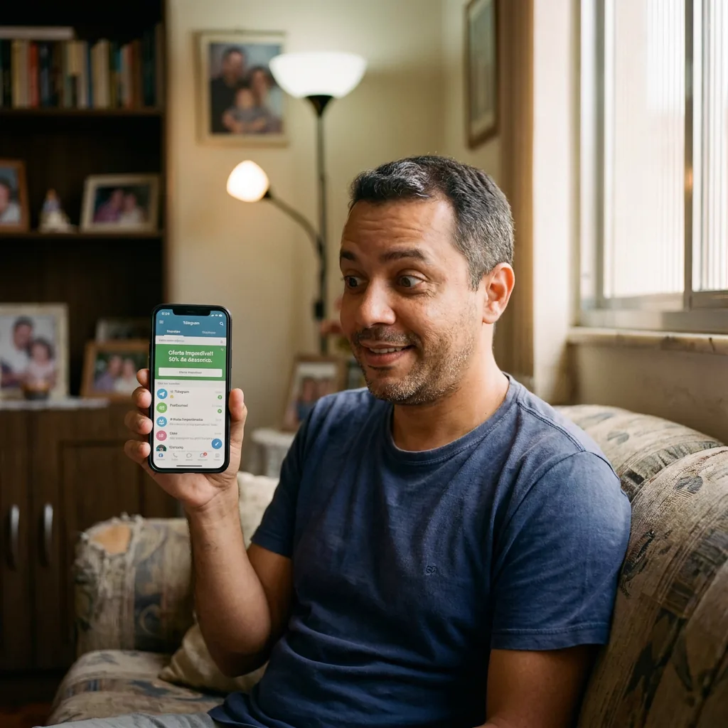 Carlos sorrindo enquanto recebe oferta do Bruxo no Telegram