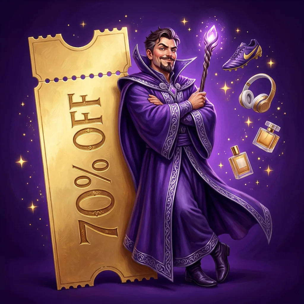 O Bruxo das Promo encostado em um cupom dourado de 70% OFF